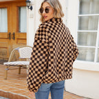 Damen Fleecejacke mit modernem Karomuster und hohem Kragen EB
