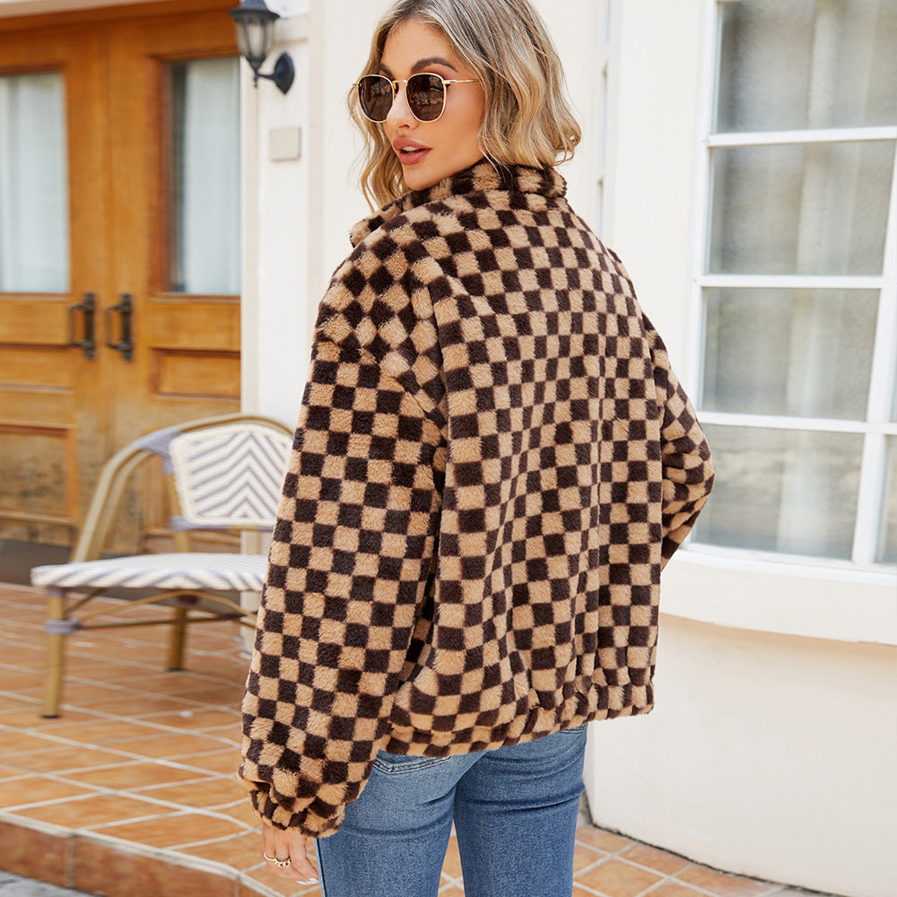 Damen Fleecejacke mit modernem Karomuster und hohem Kragen EB