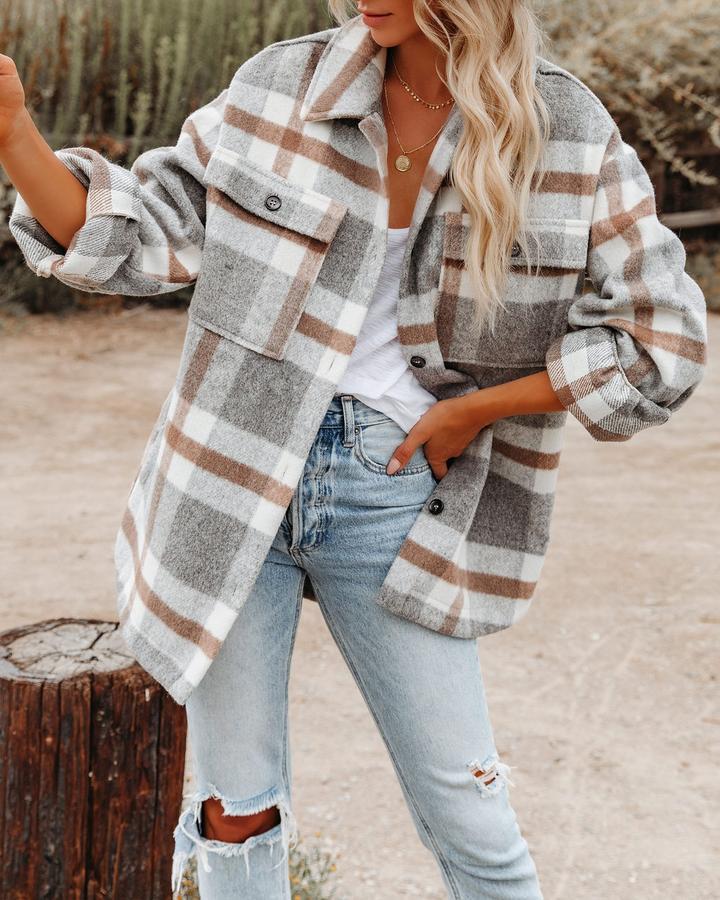Damen Karomuster Oversized Hemdjacke EB