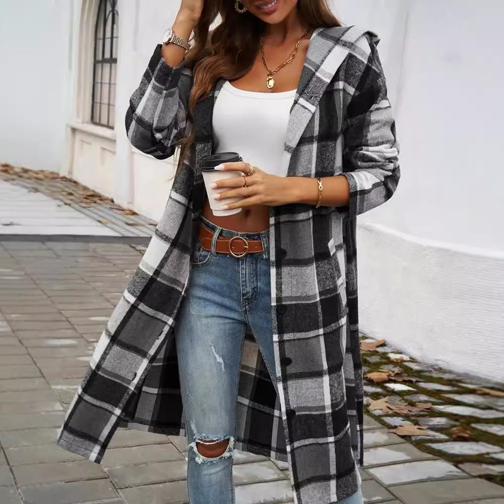 Damen Karierter Mantel mit moderner Schnittführung und praktischem Taschen-Design EB
