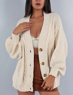 Damen Grobstrick-Cardigan mit großen Knopfdetails und voluminösen Ärmeln EB