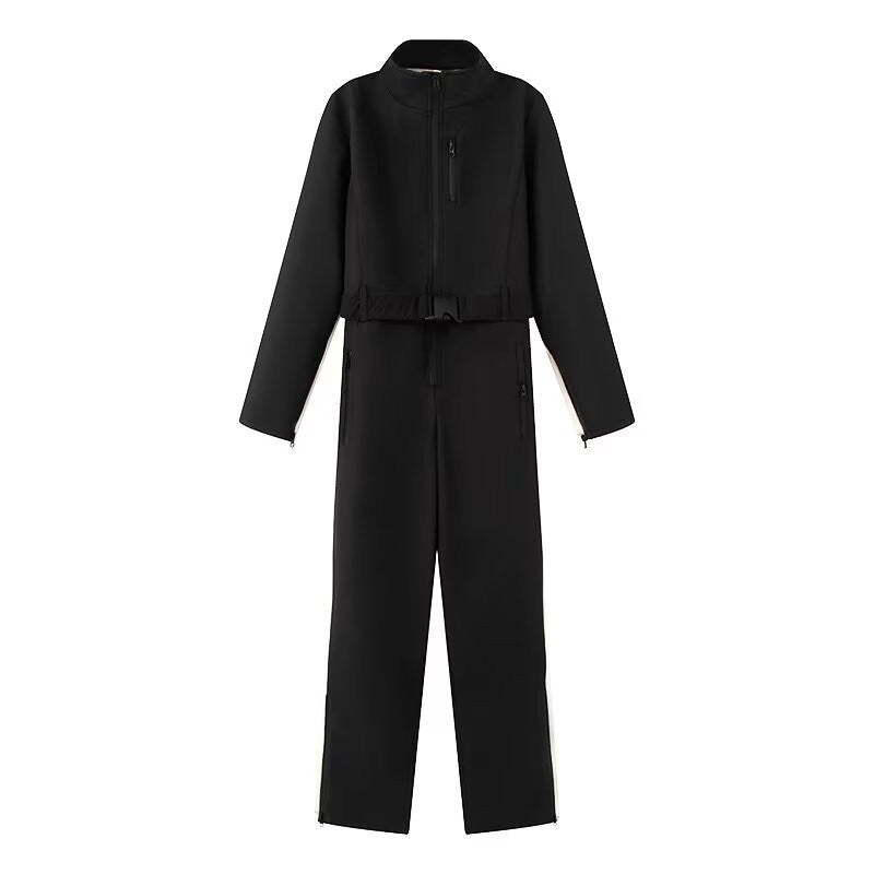 Damen-Utility-Overall mit hohem Kragen, Reißverschlüssen und Taillengürtel