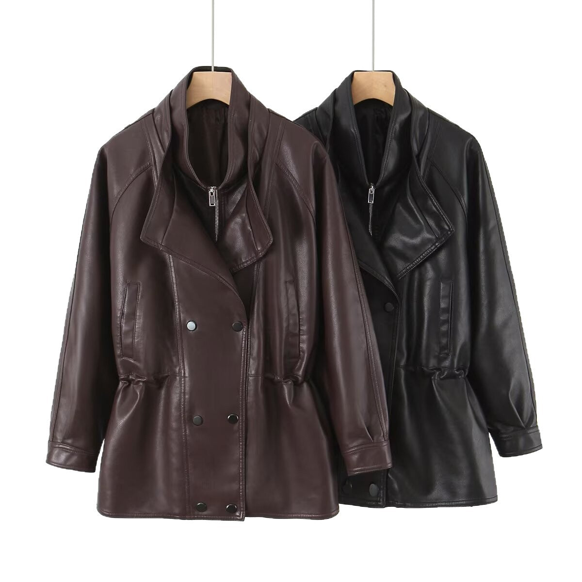 Damen Kunstlederjacke mit breitem Revers und praktischen Taschen EB