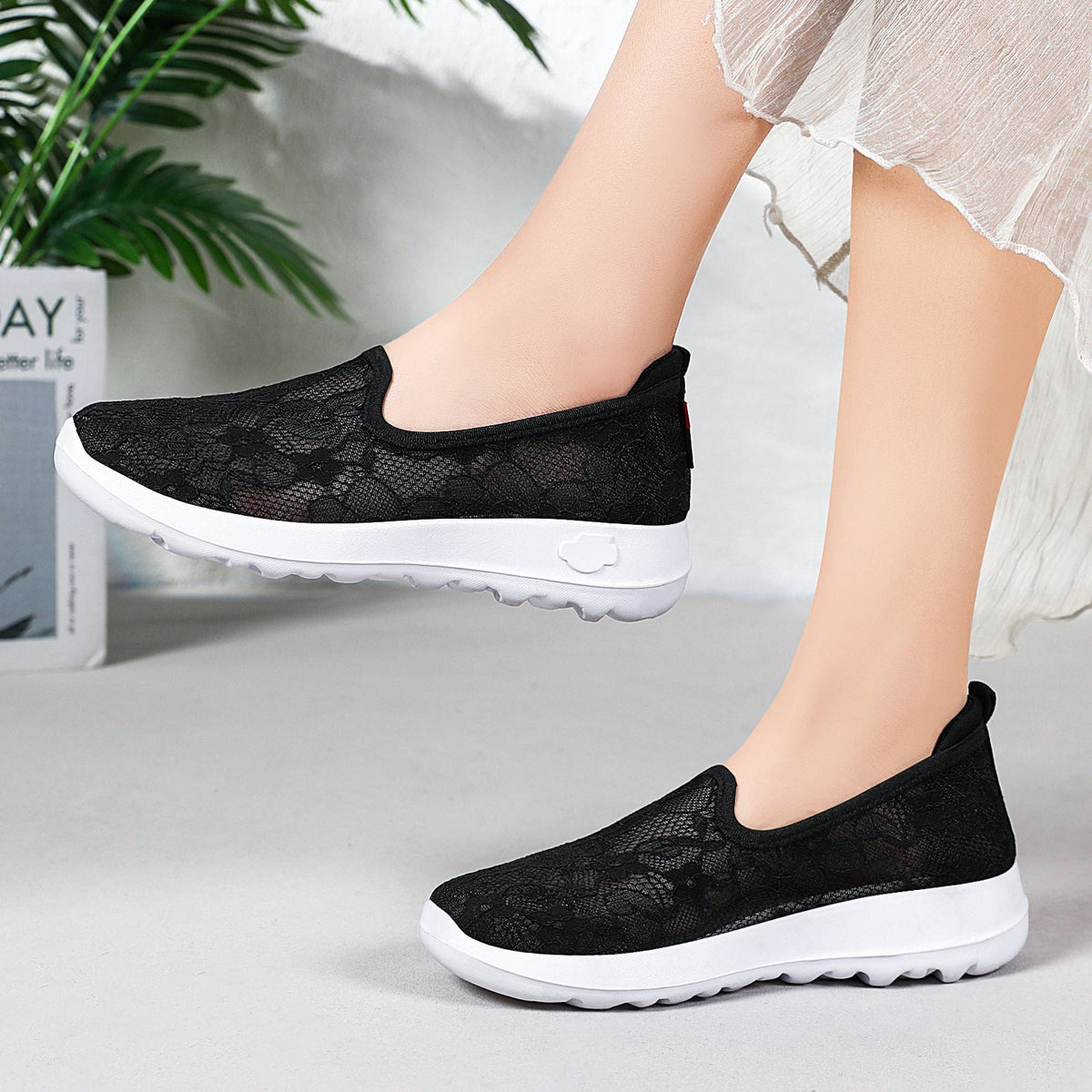 Damen Bequeme Spitzen Slip-On Schuhe EB