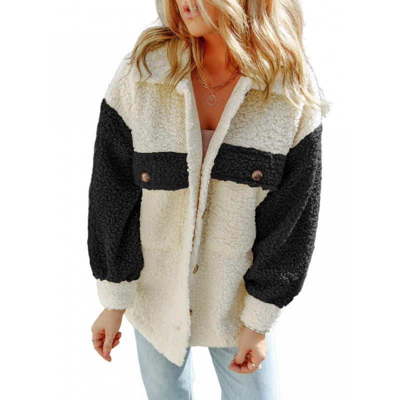 Damen kuschelige Teddyjacke mit praktischen Brusttaschen EB
