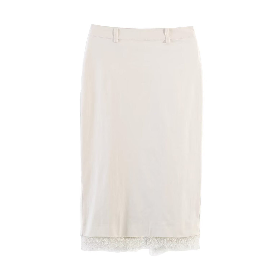 Damen eleganter Bleistiftrock mit transparentem Spitzenabschluss EB