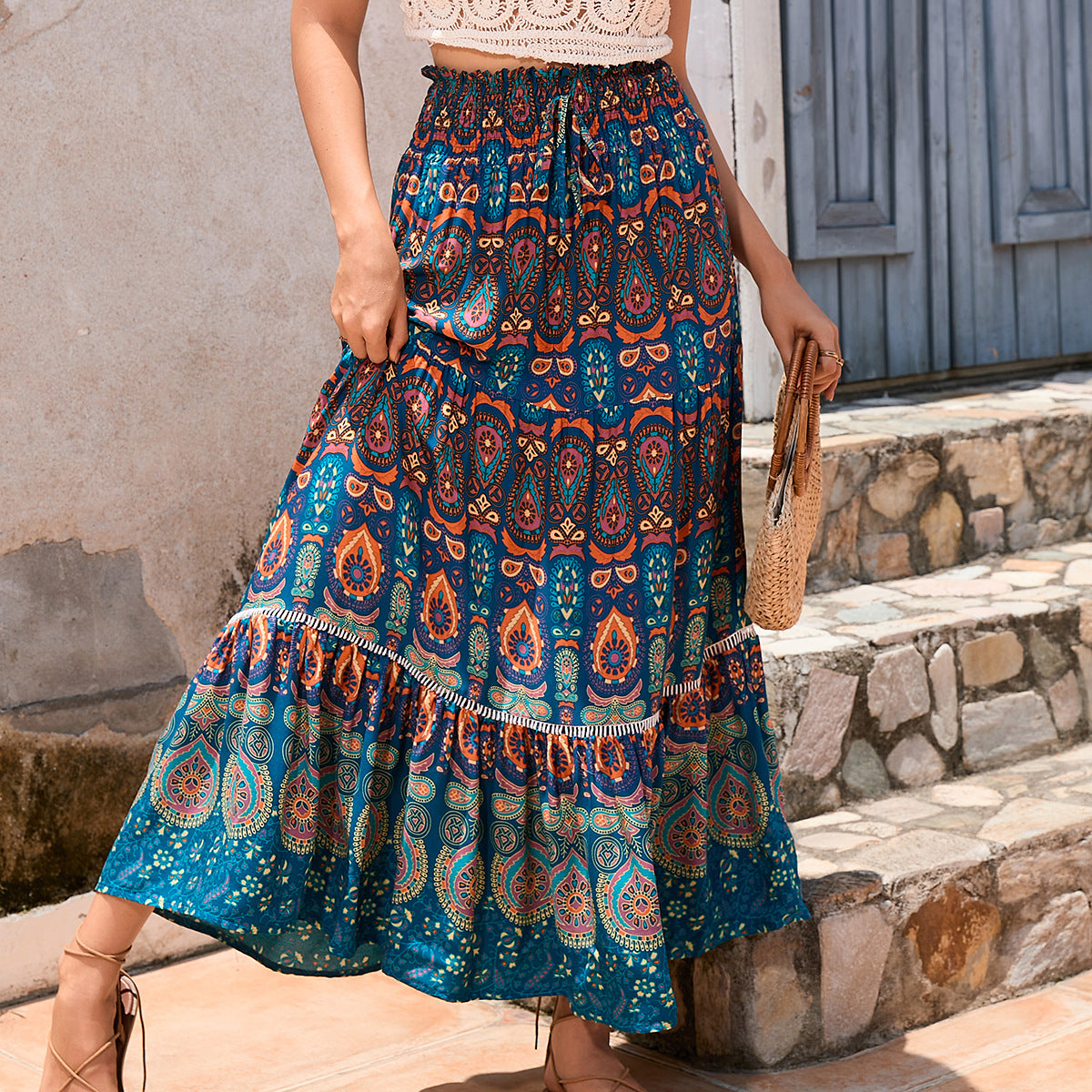 Damen Maxirock mit verspieltem Paisleymuster und Rüschendetails EB