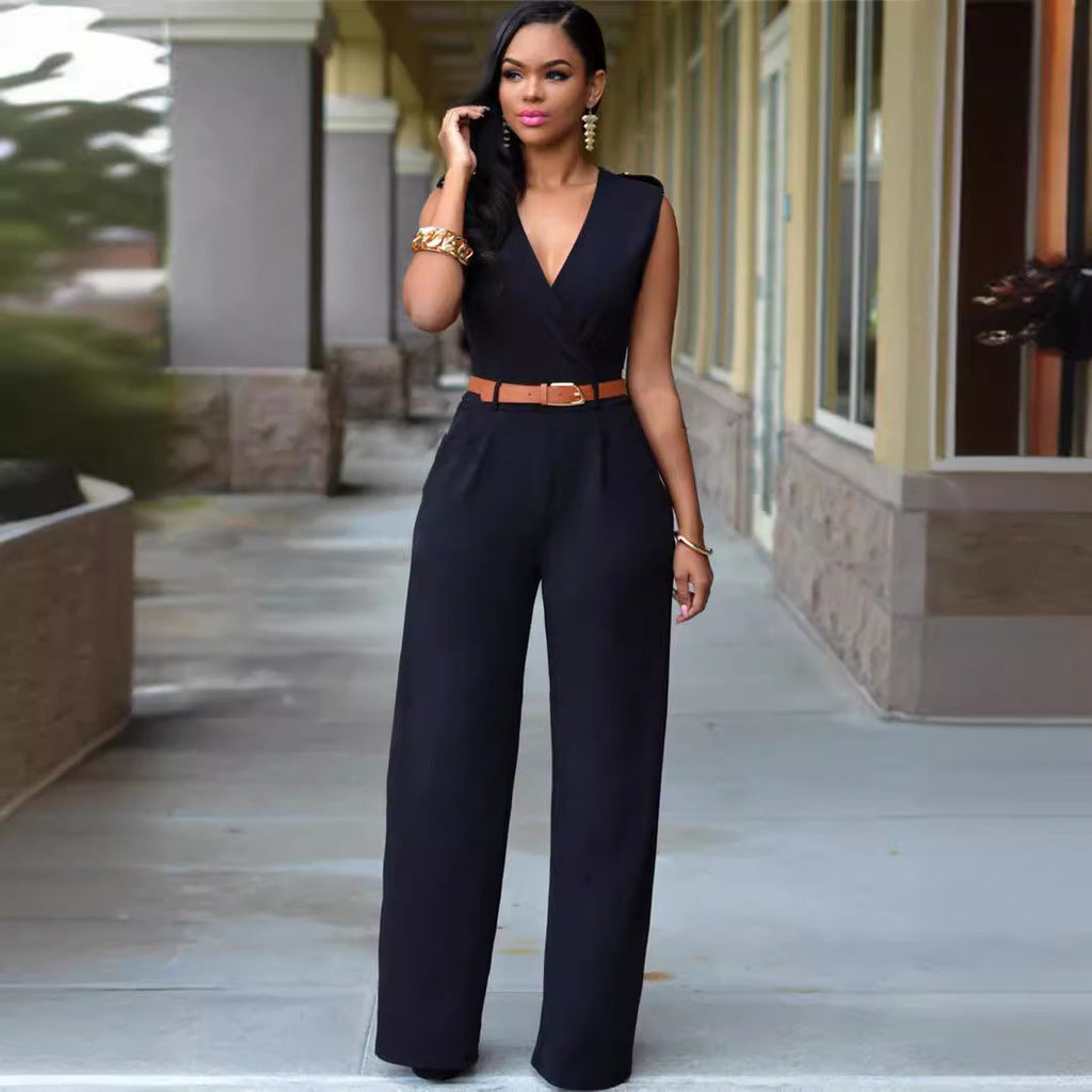 Damen Eleganter Wickel-Jumpsuit mit weitem Bein und Taillengürtel EB