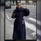 Damen eleganter Wickelmantel mit breitem Kragen und Bindegürtel EB