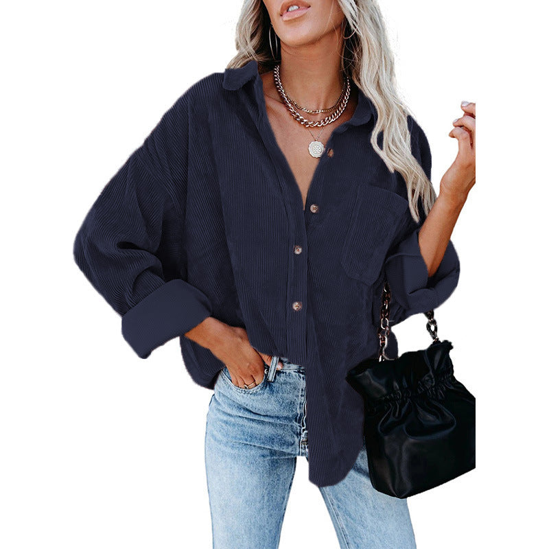Damen nan oversized Cordhemd mit Brusttasche, Hemdkragen und aufgerollten Ärmeln EB