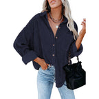 Damen nan oversized Cordhemd mit Brusttasche, Hemdkragen und aufgerollten Ärmeln EB