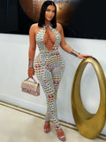 Damen Bodycon Jumpsuit mit tiefem V-Ausschnitt und exklusivem Muster EB