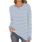 Damen bequemes Langarmshirt mit gestreiftem Design und Rundhalsausschnitt EB