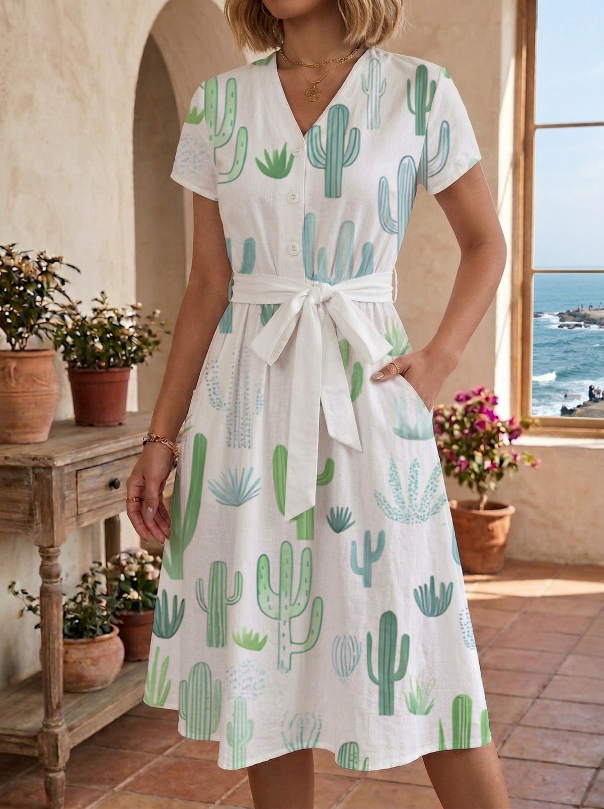 Damen Blühendes Midikleid mit taillierbarem Gürtel und kunstvollem Print EB