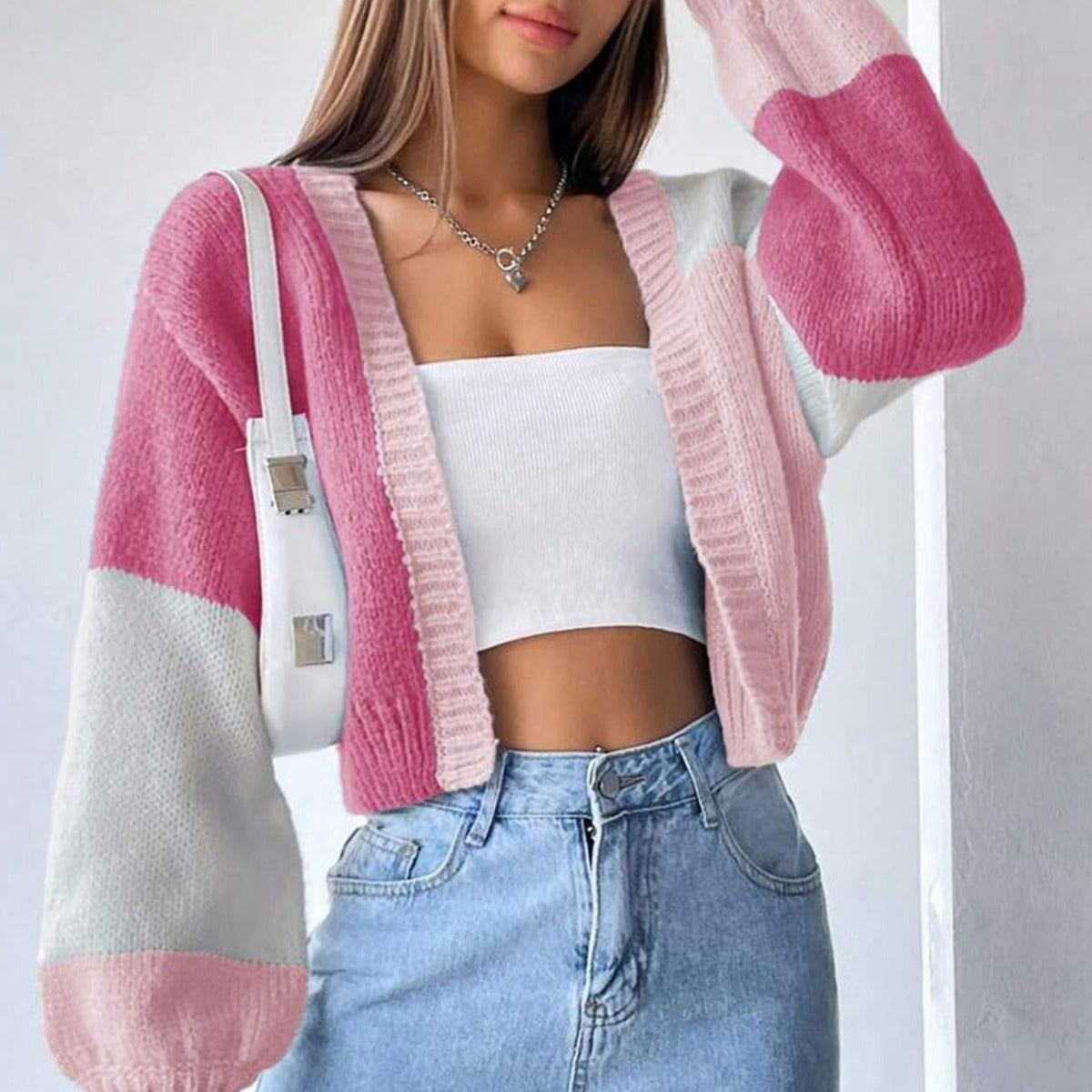Damen Grobstrick-Cardigan mit ballonförmigen Ärmeln und modischem Design EB