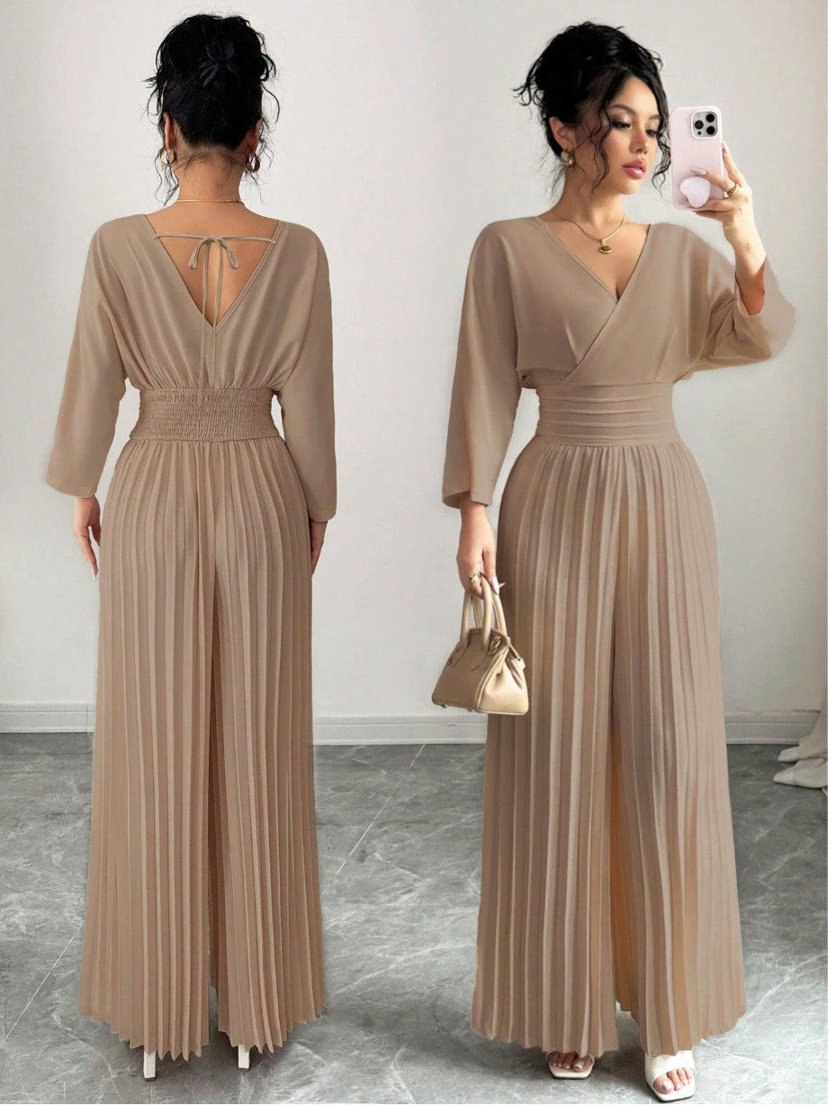 Eleganter Damen-Plissee-Jumpsuit mit V-Ausschnitt