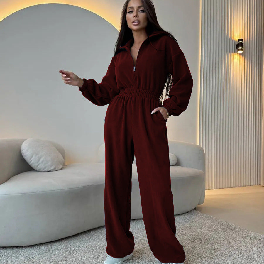 Damen eleganter Jumpsuit mit kurzem Reißverschluss und elastischem Bund EB
