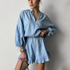 Damen stilvolles Blusenshorts-Set mit Rüschendetails EB
