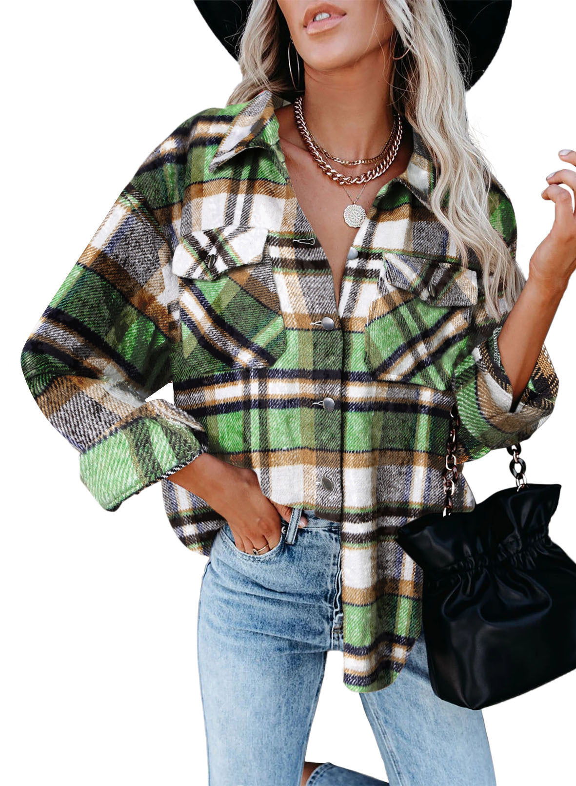 Damen Karo-Hemdenjacke im Oversized-Stil mit Druckknopfverschluss EB
