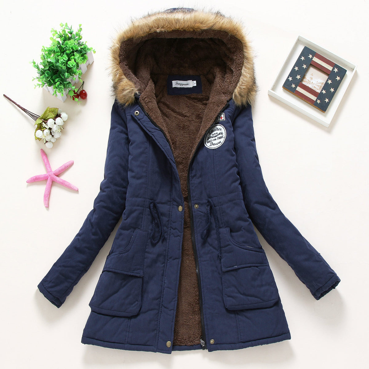 Damen gesteppte Parkajacke mit Kapuze und Kunstfellfutter EB