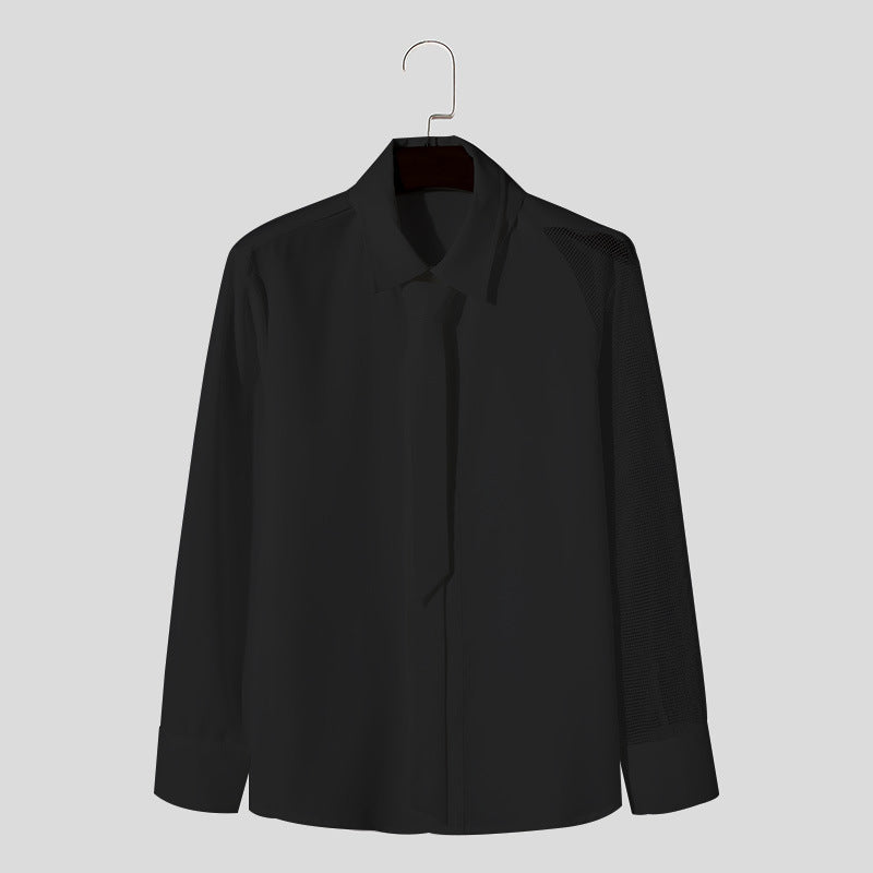 Damen nan fließende Hemdbluse mit angenähter Schluppe verdeckter Knopfleiste und einseitigem Netzärmeldetail EB