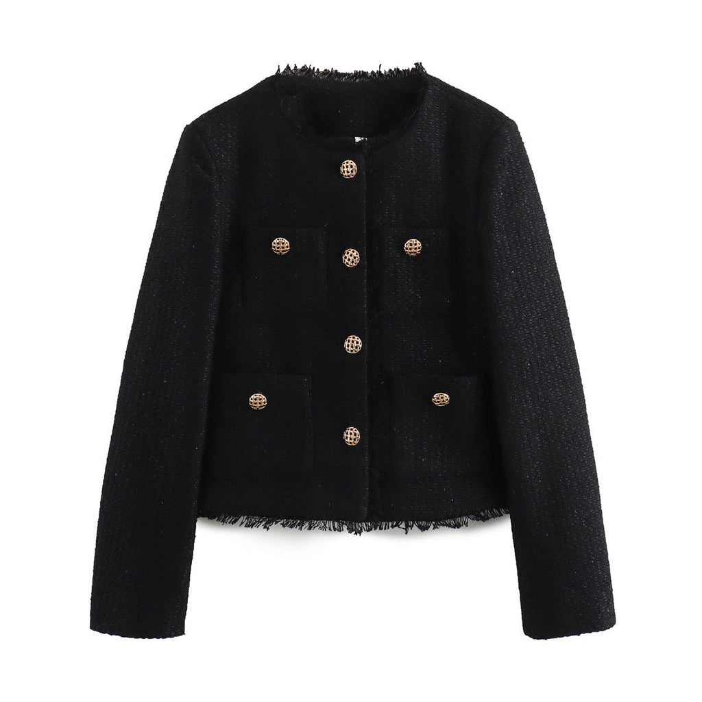 Damen elegante Tweed-Jacke mit Fransen und dekorativen Knöpfen EB