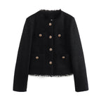 Damen elegante Tweed-Jacke mit Fransen und dekorativen Knöpfen EB