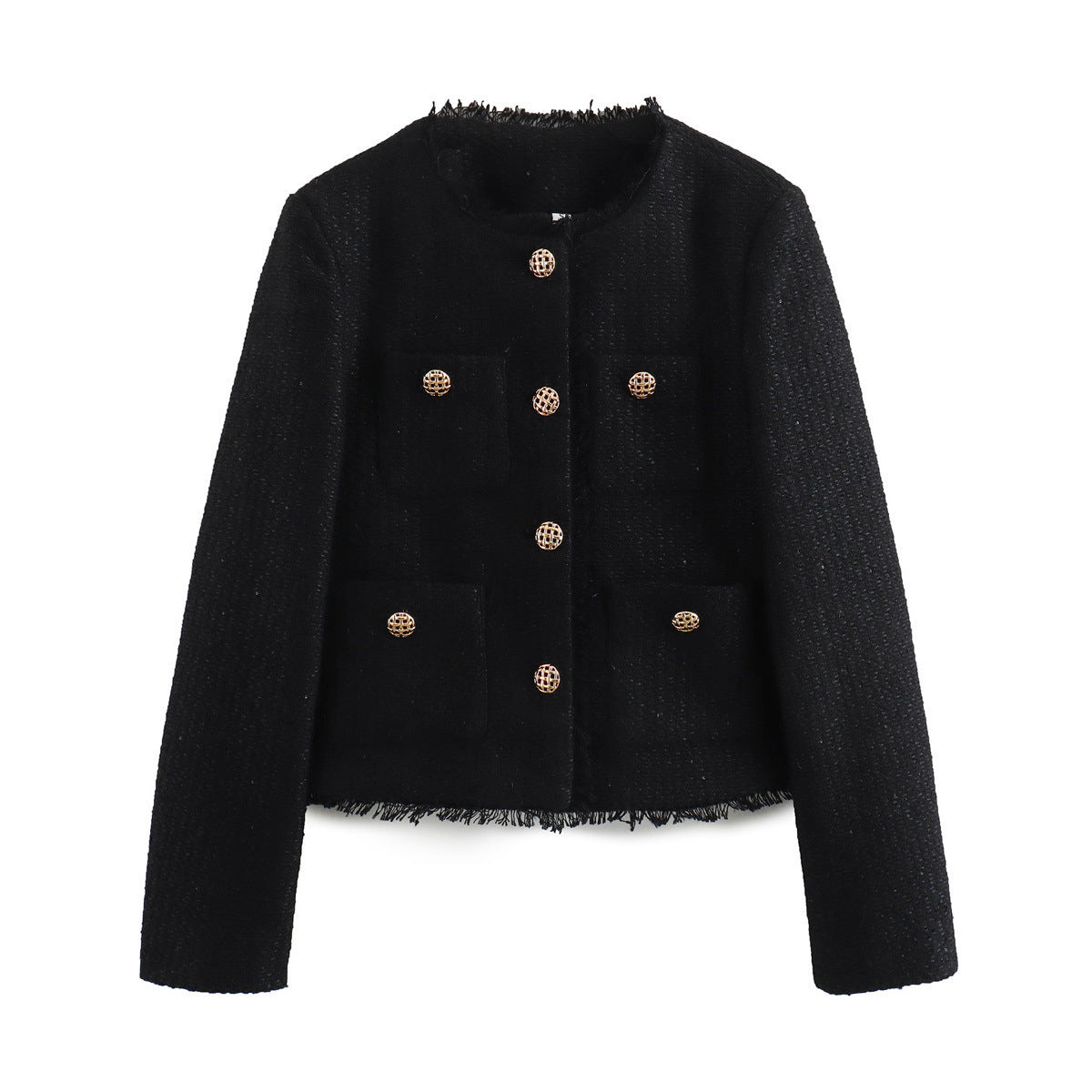 Damen elegante Tweed-Jacke mit Fransen und dekorativen Knöpfen EB