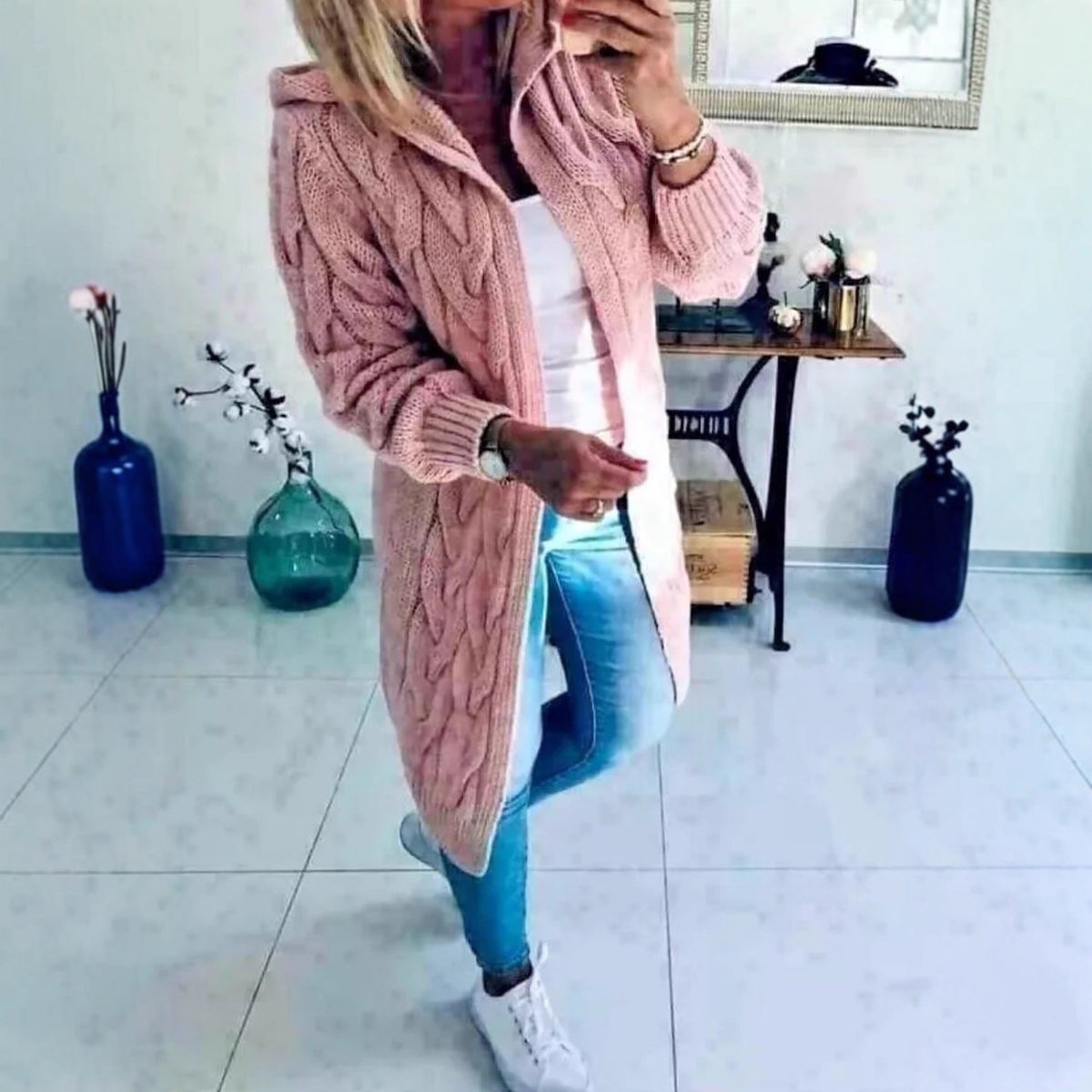 Damen Grobstrick-Cardigan mit Kapuze und Zopfmuster EB