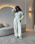 Damen eleganter Jumpsuit mit kurzem Reißverschluss und elastischem Bund EB