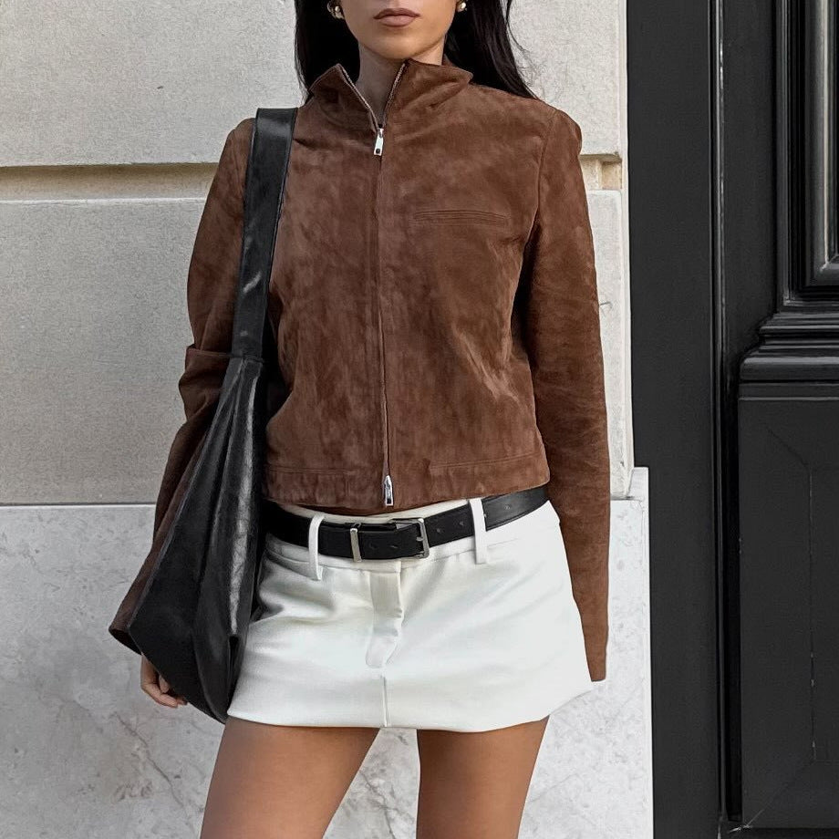 Damen Kunstlederjacke mit modernem Stehkragen und leichtem Schnitt EB