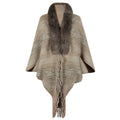 Damen eleganter Poncho mit luxuriösem Kunstfellkragen und fransigem Saum EB