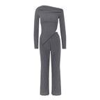 Damen figurbetontes Jumpsuit mit asymmetrischem Ausschnitt und langen Ärmeln EB