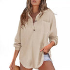 Damen lässiges Waffle-Shirt mit Stehkragen und Knopfleiste EB