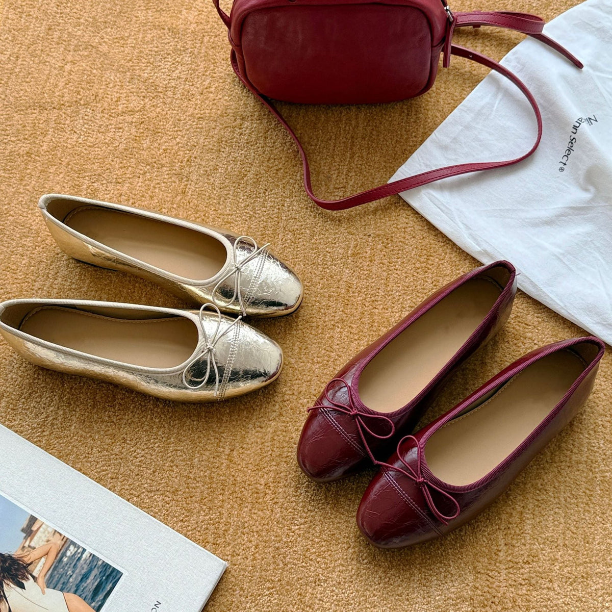 Damen Ballerinas mit schimmerndem Obermaterial und dekorativer Schleife EB