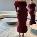 Damen Elegantes Abendkleid mit luxuriösem Federbesatz EB