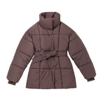 Damen Komfortable und elegante Pufferjacke mit Gürtel und hohem Kragen EB