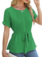 Damen elegante Bluse mit Falten-Design und Taillengürtel EB