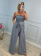 Damen Eleganter Jumpsuit mit gestreiftem Design und Gürtel EB