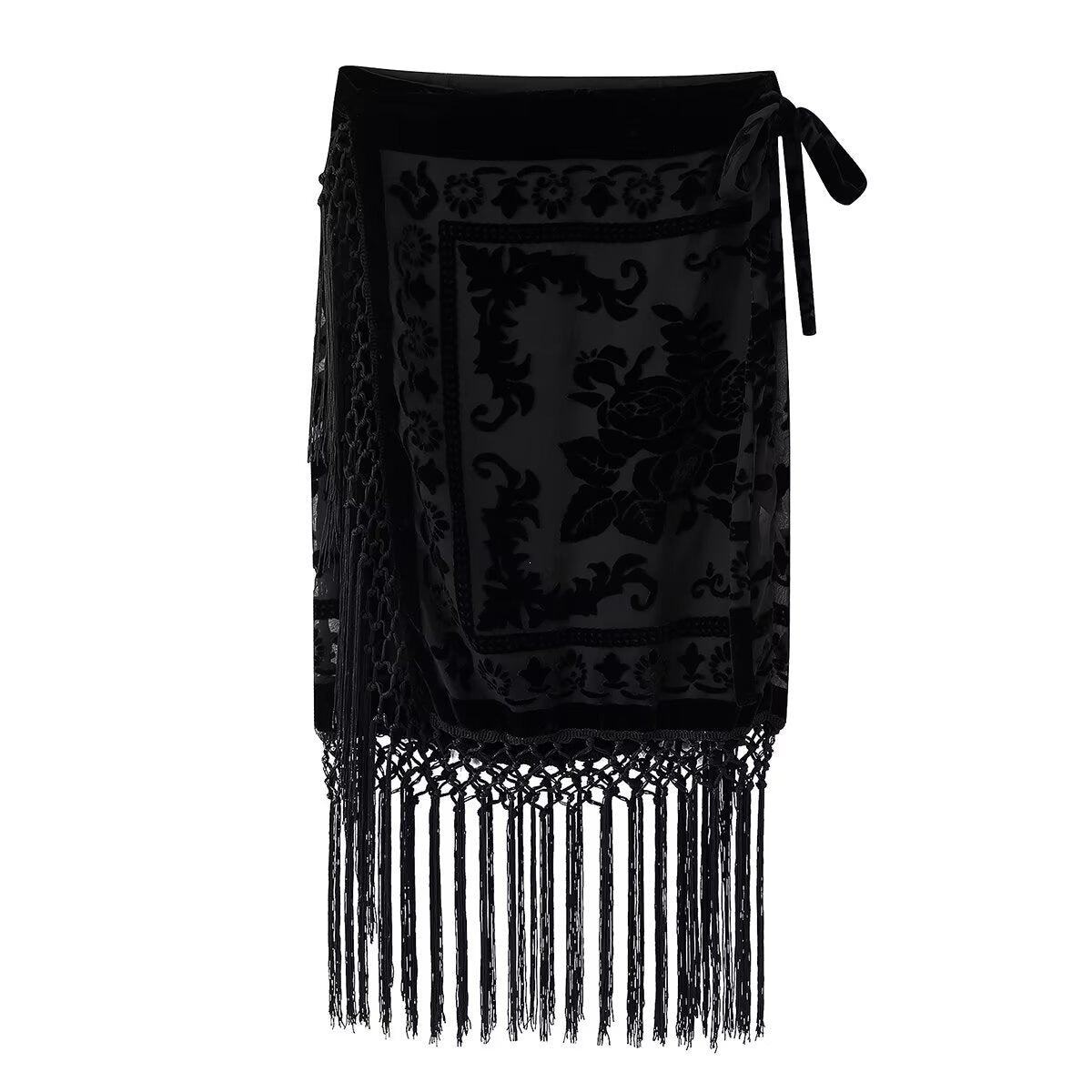 Damen eleganter Samtrock mit fransenverzierten Details und seitlichem Bindegürtel EB