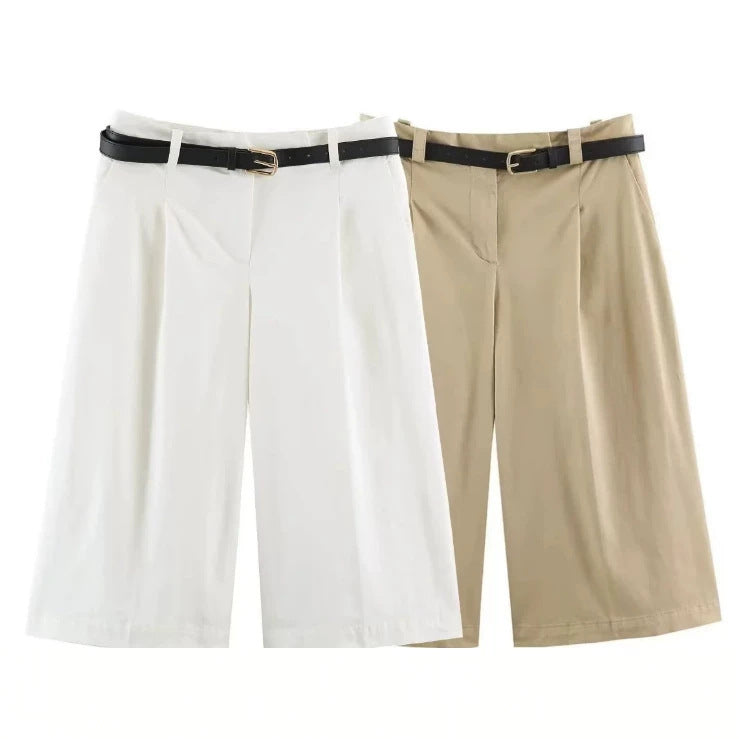 High-Waist-Culotte-Shorts mit Falten und Ziergürtel