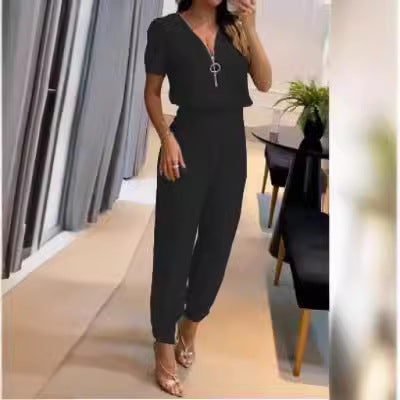 Damen Jumpsuit mit V-Ausschnitt und Gummizug EB