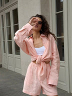 Damen lässiges Leinen Set mit lockerer Bluse und Shorts EB