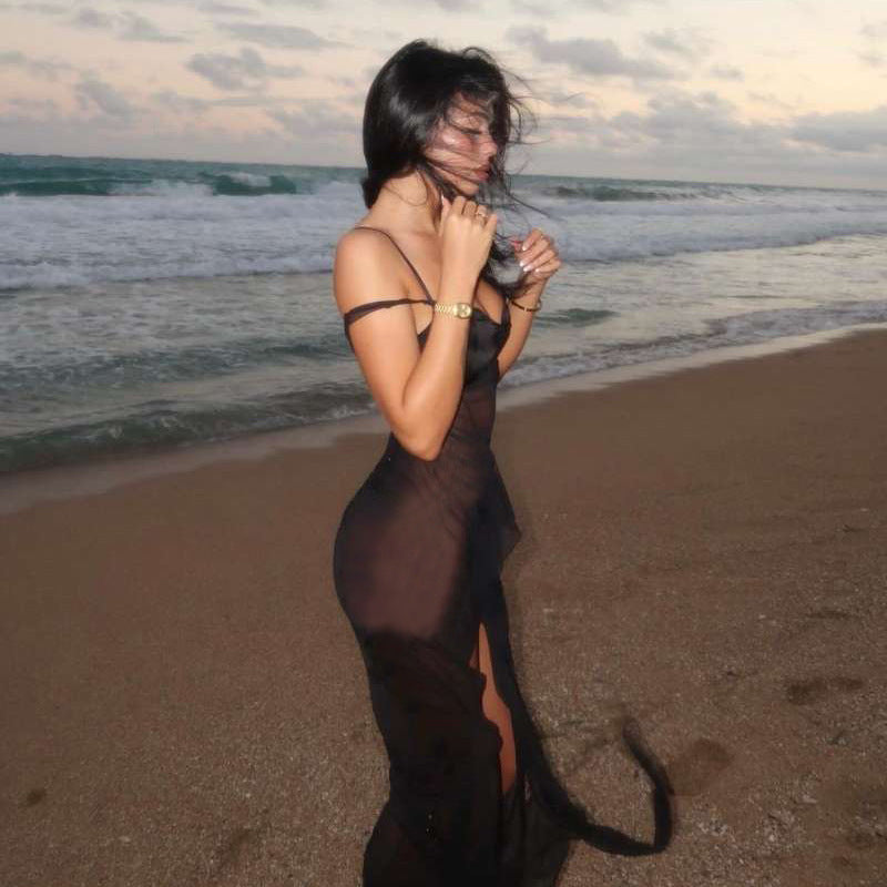 Damen transparenter Maxi-Strandanzug mit asymmetrischem Schnitt und Rüschen EB