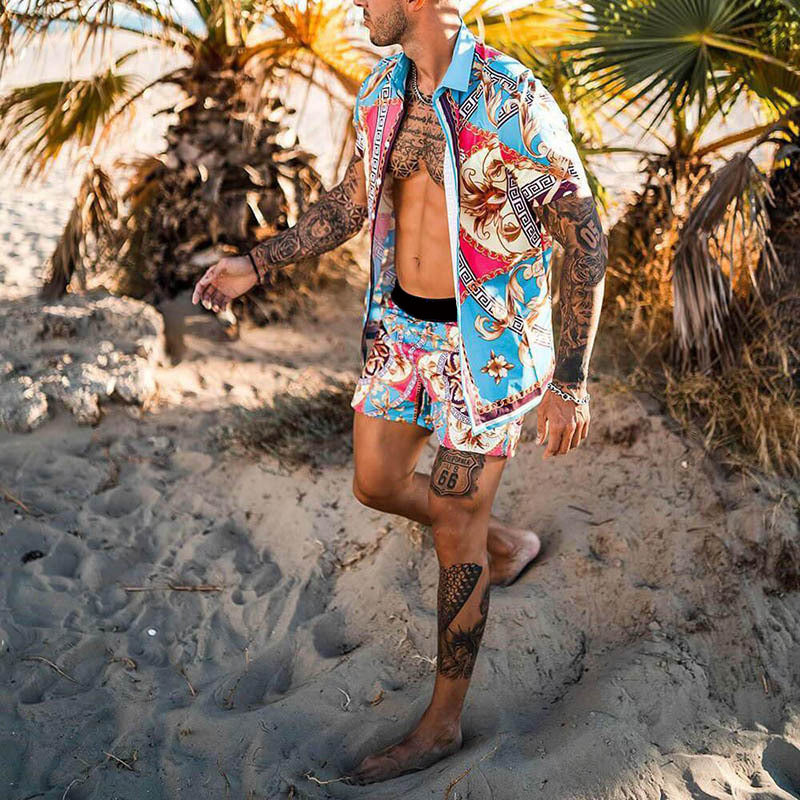 Herren Set: Kurzarmhemd mit Barockmuster und passende Shorts