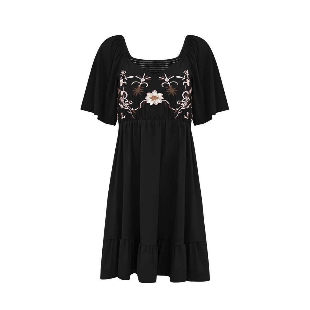 Damen bodenlanges Sommerkleid mit kunstvoller Stickerei und schwingendem Saum EB