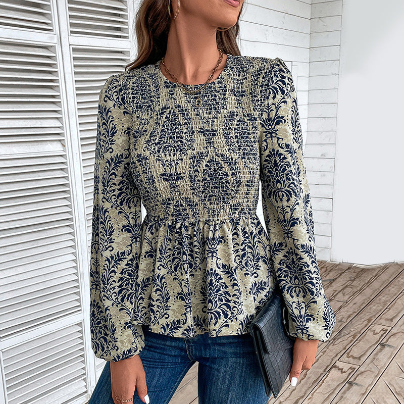 Damen Elegante Bluse mit raffiniertem Floral-Design und Puffärmeln EB