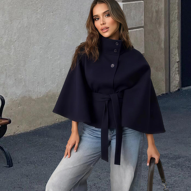 Damen Kapuzenjacke mit Wickelgürtel und elegantem Stehkragen EB
