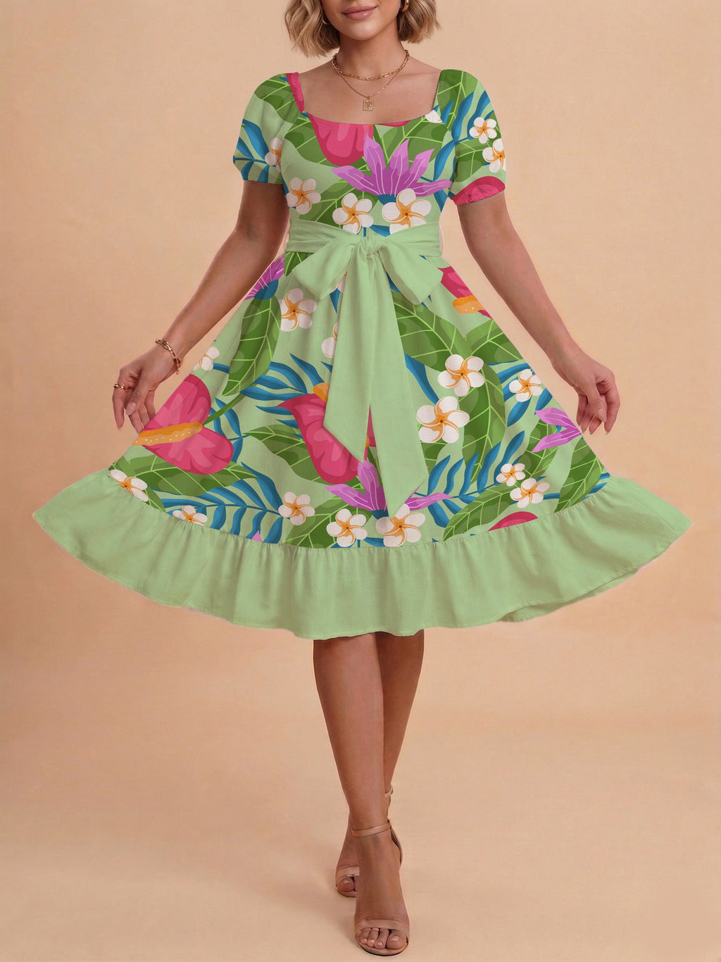 Damen A-Linien-Kleid mit floralen Motiven und taillierbarem Gürtel EB