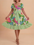 Damen A-Linien-Kleid mit floralen Motiven und taillierbarem Gürtel EB